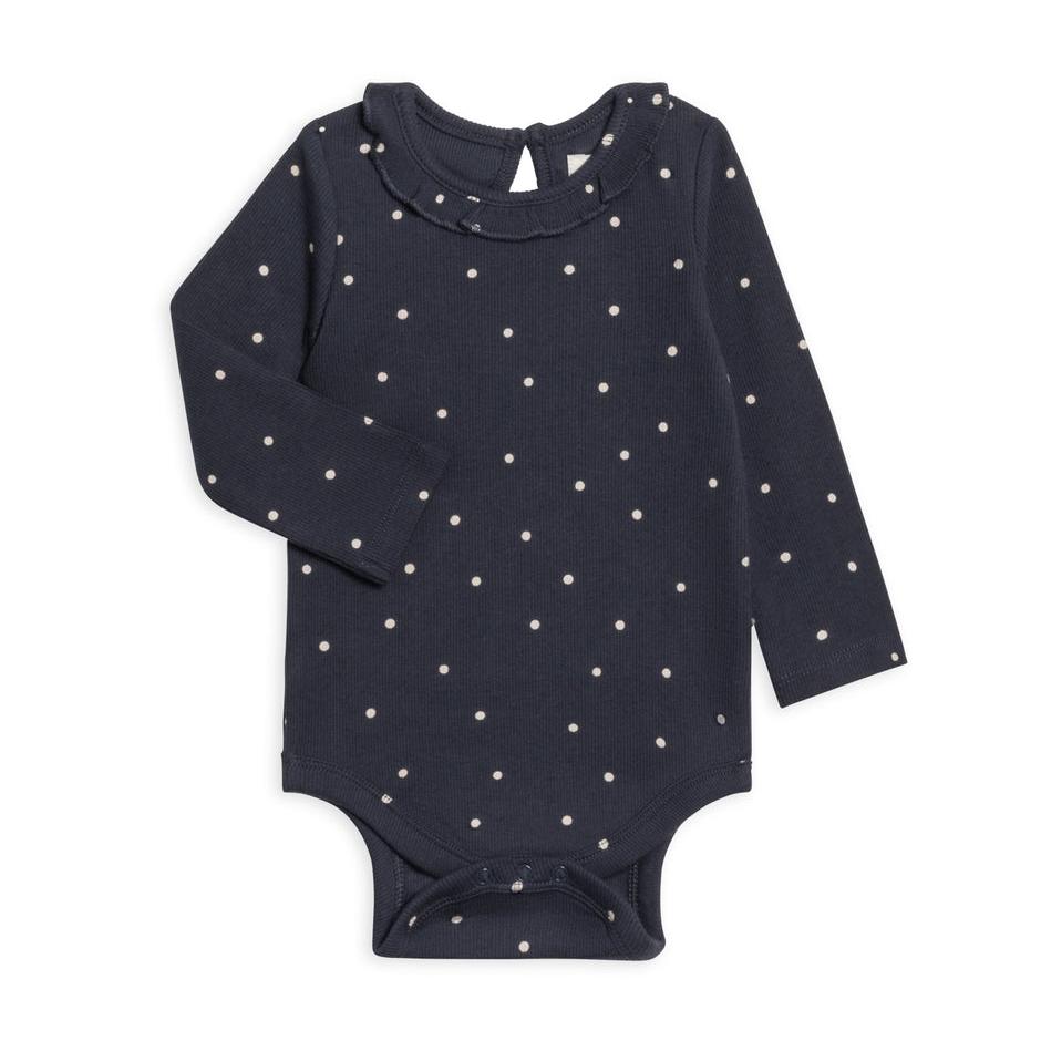 Irma Ribbed Ruffle Neck Bodysuit || Mini Polka / Navy