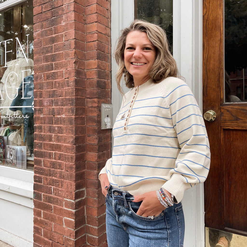 Womens Striped Henley Sweater