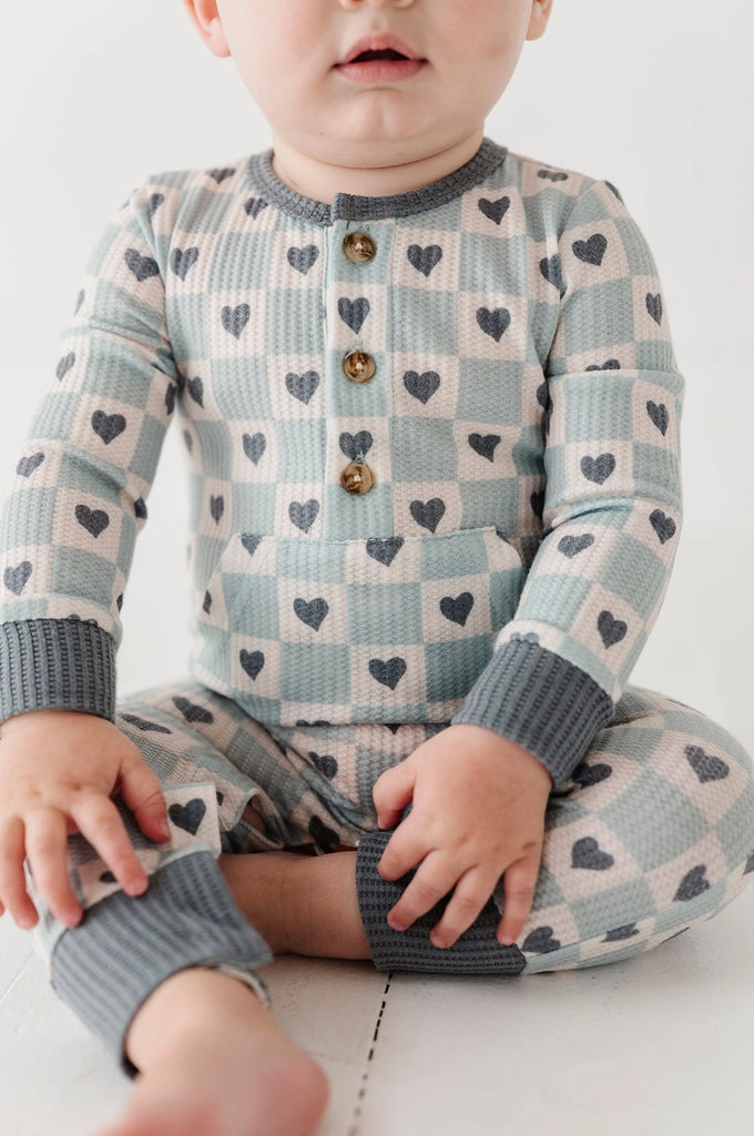 Baby Waffle Romper || Blue Heart Check