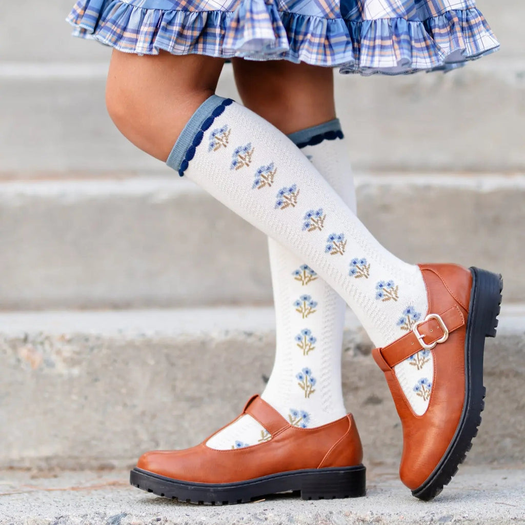 Ivory/Denim Floral Knee High Socks