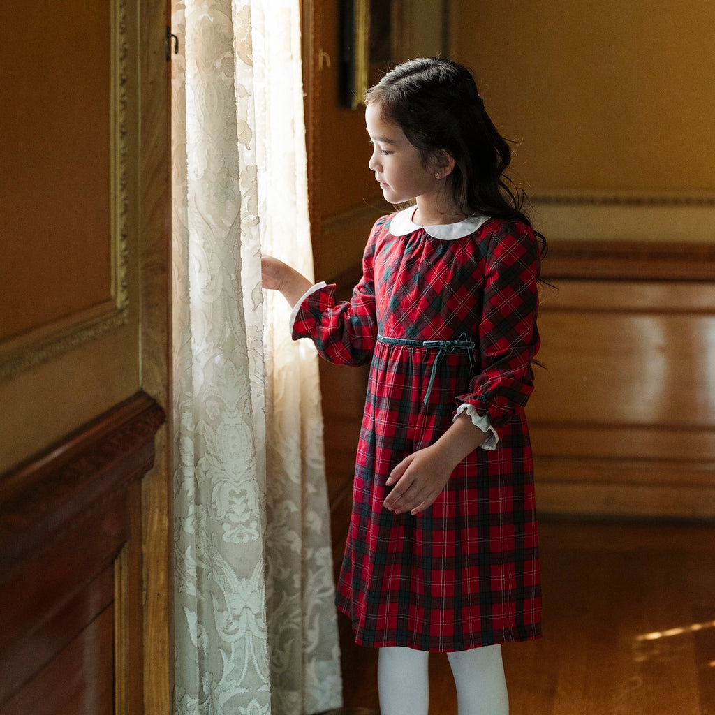 Organic Peter Pan Collar Ruffle Cuff Dress || London Plaid