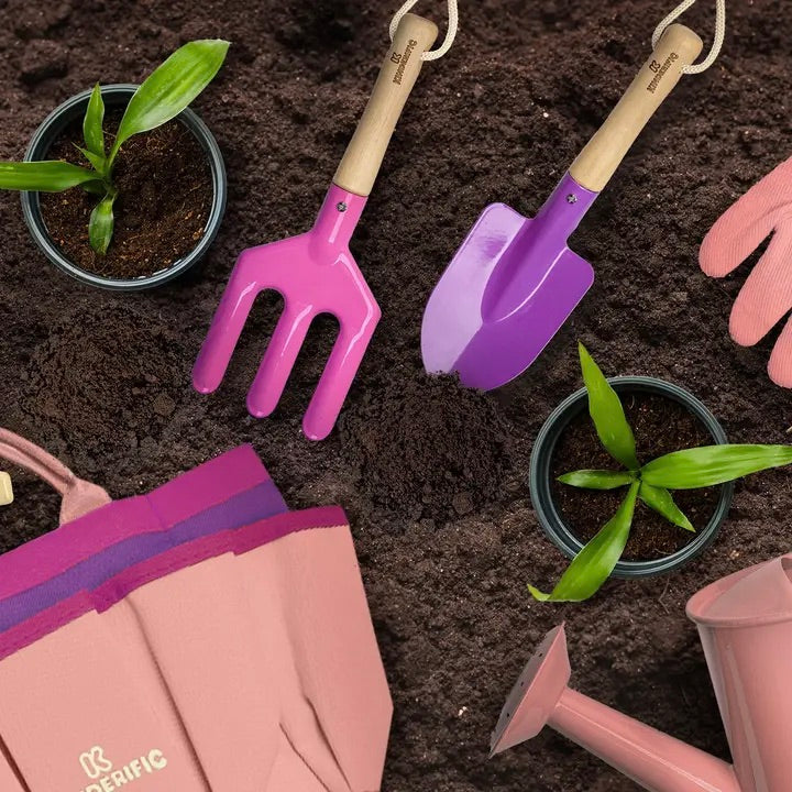 pink garden trowel Kinderific Gardening Set, Tool Kit, for Kids, Stem, Includes Tote Bag, Spade, Watering Can, Rake, Fork, Trowel and Glove