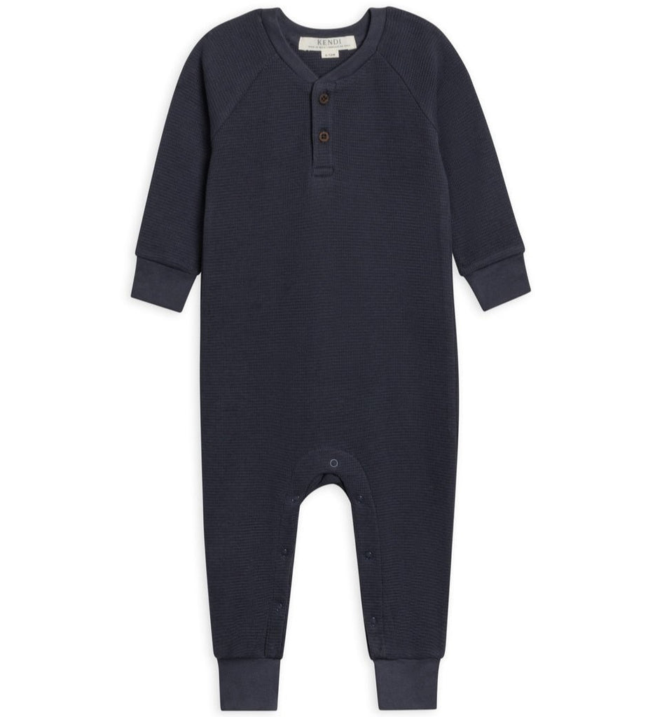 Organic Baby Crosby Waffle Henley Romper  || Navy