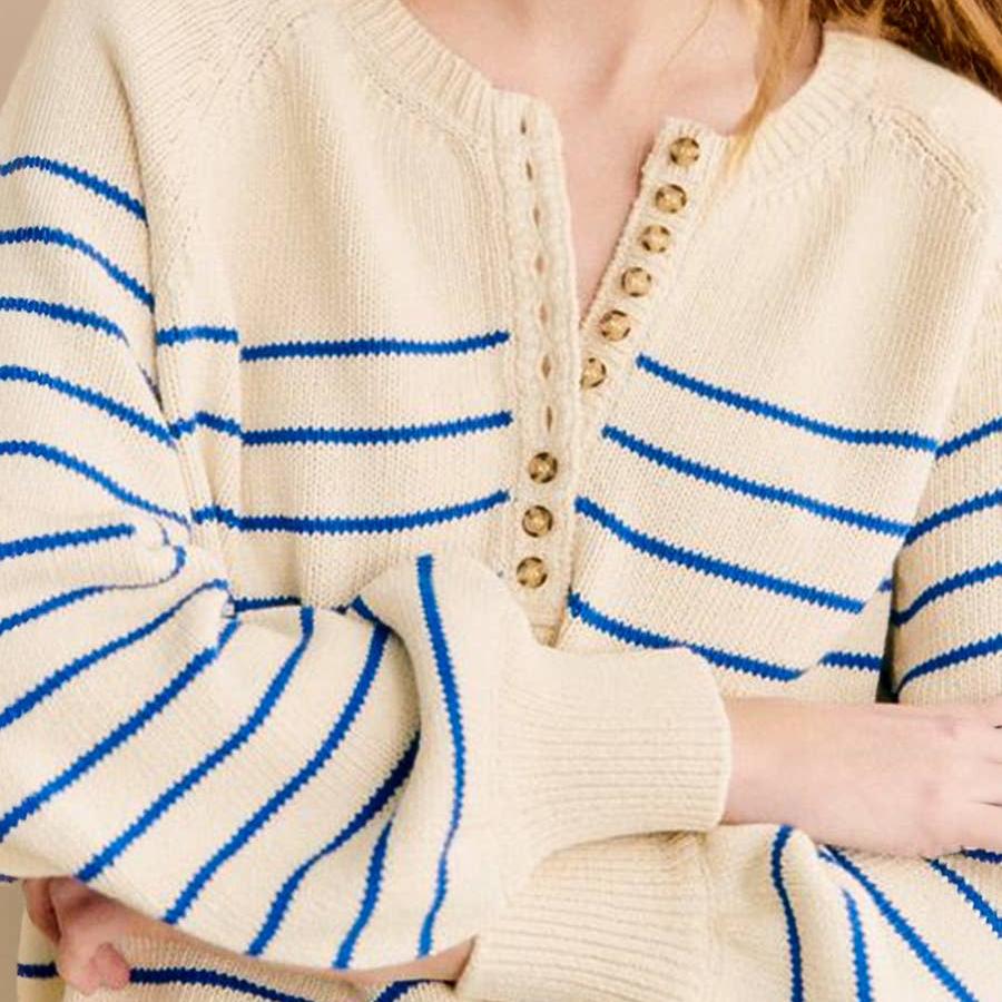 Womens Striped Henley Sweater