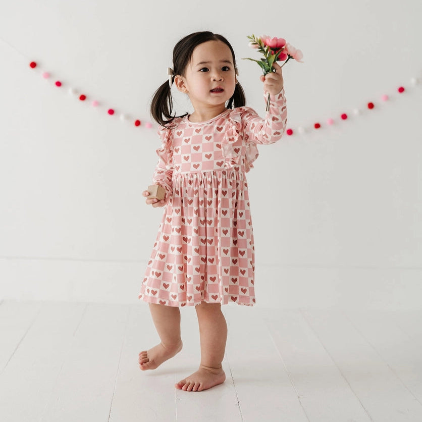 Long Sleeve Ruffle Dress || Pink Heart Check