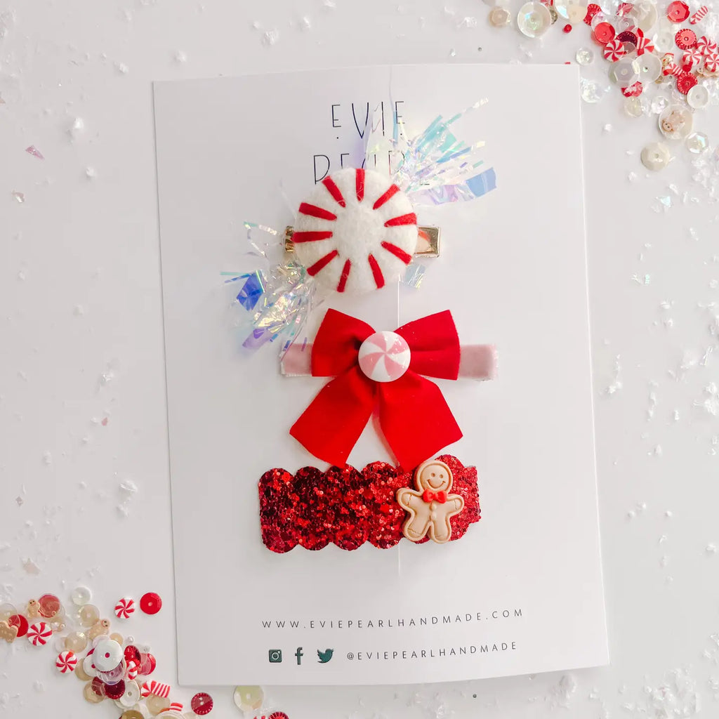 Red Peppermint & Gingerbread Hair Clip Set