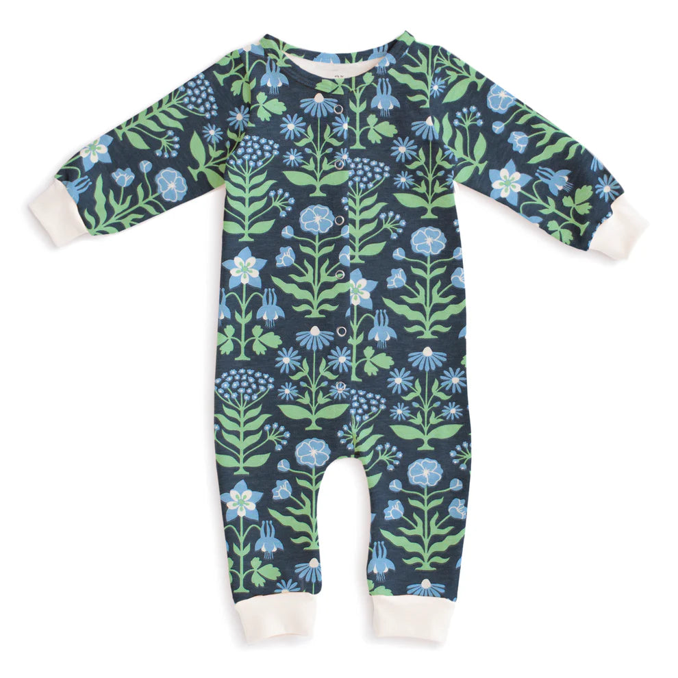 French Terry Jumpsuit || Blockprint Floral Blue & Green
