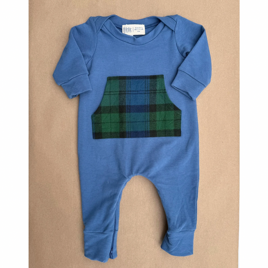 French Terry Zipper Romper || Blue Plaid