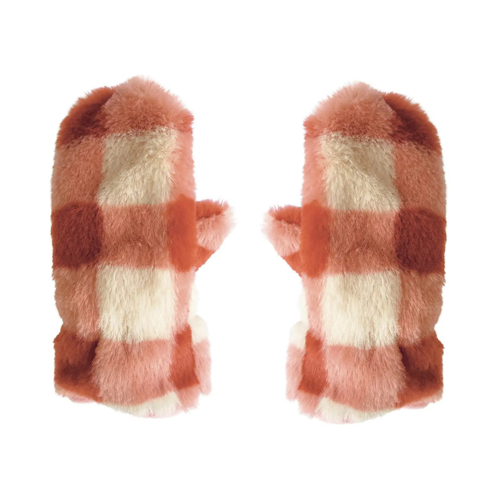 Furry Checked Mittens Coral || 3-6 Years