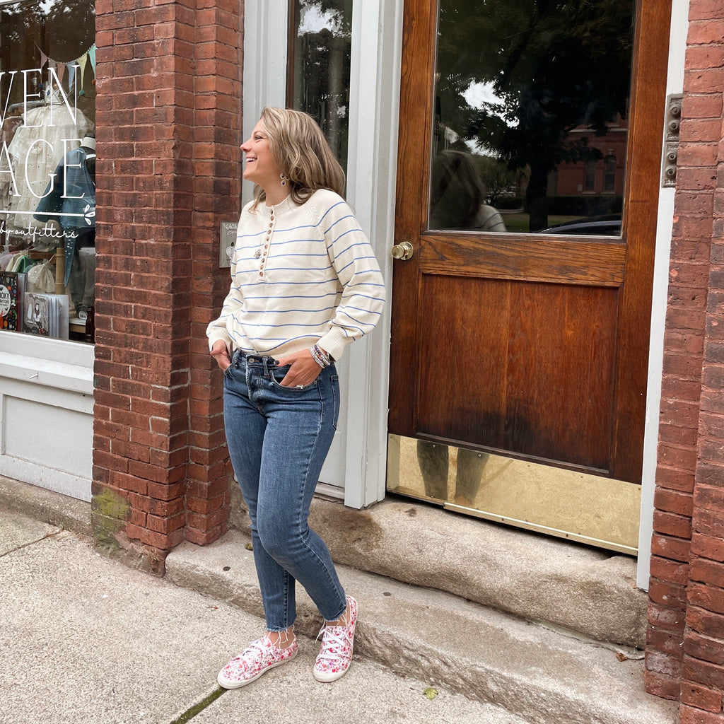 Womens Striped Henley Sweater