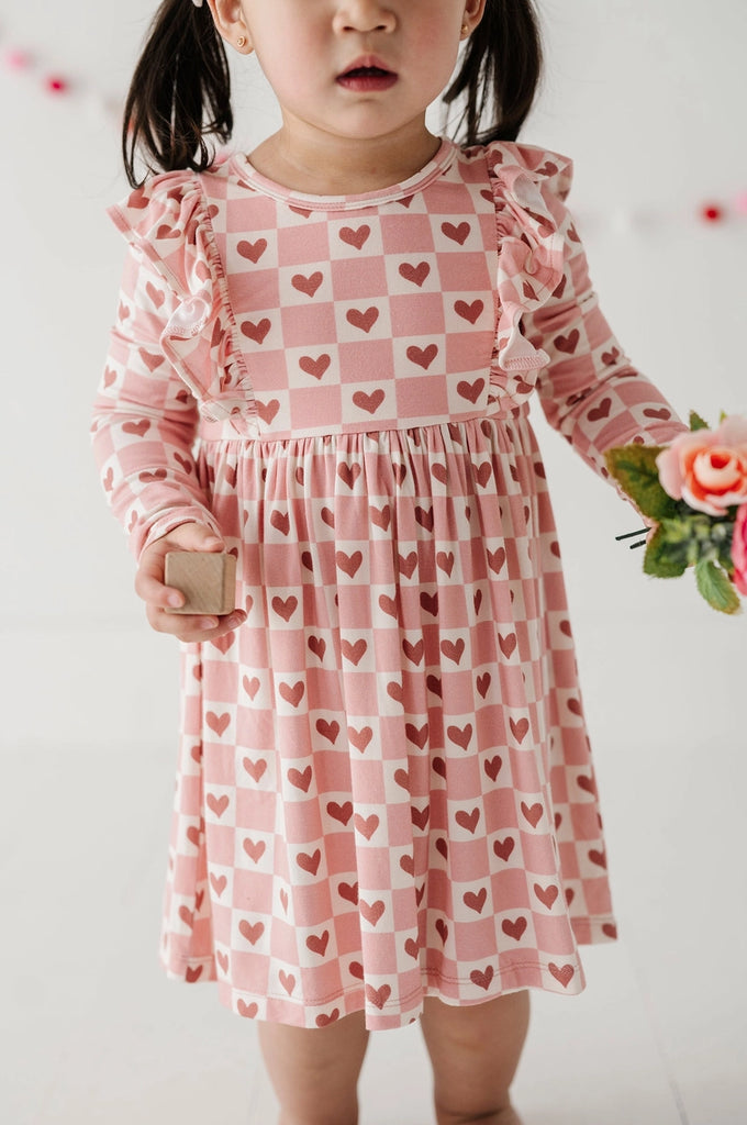 Long Sleeve Ruffle Dress || Pink Heart Check