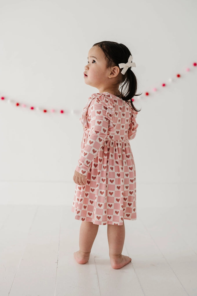 Long Sleeve Ruffle Dress || Pink Heart Check