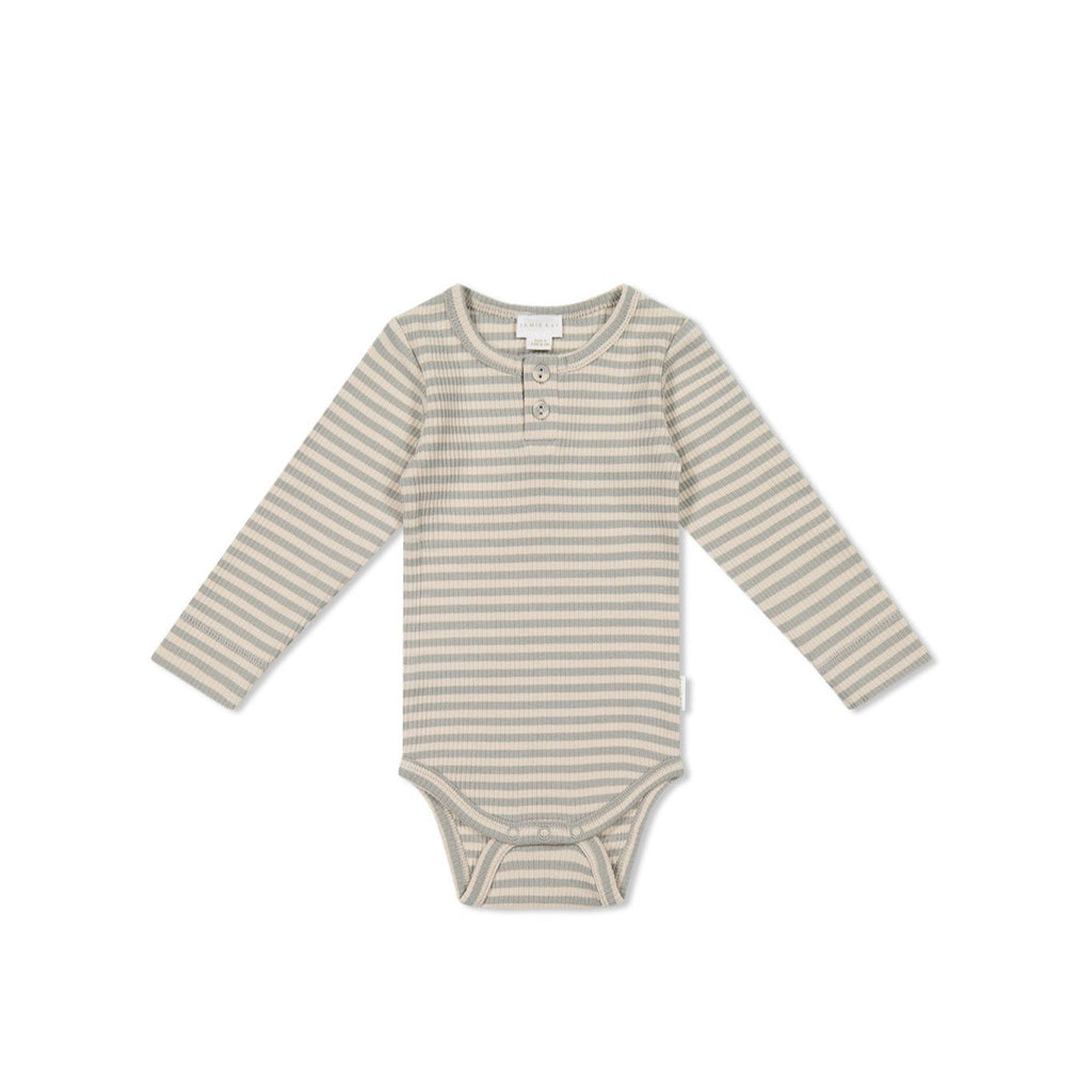 Organic Cotton Modal Long Sleeve Bodysuit || Narrow Stripe Willow/Soft Clay