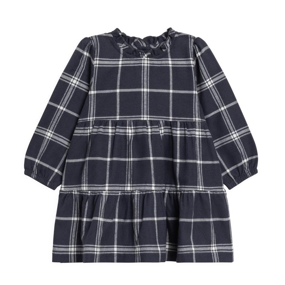 Neela Flannel Ruffle Neck Dress  || Navy Plaid