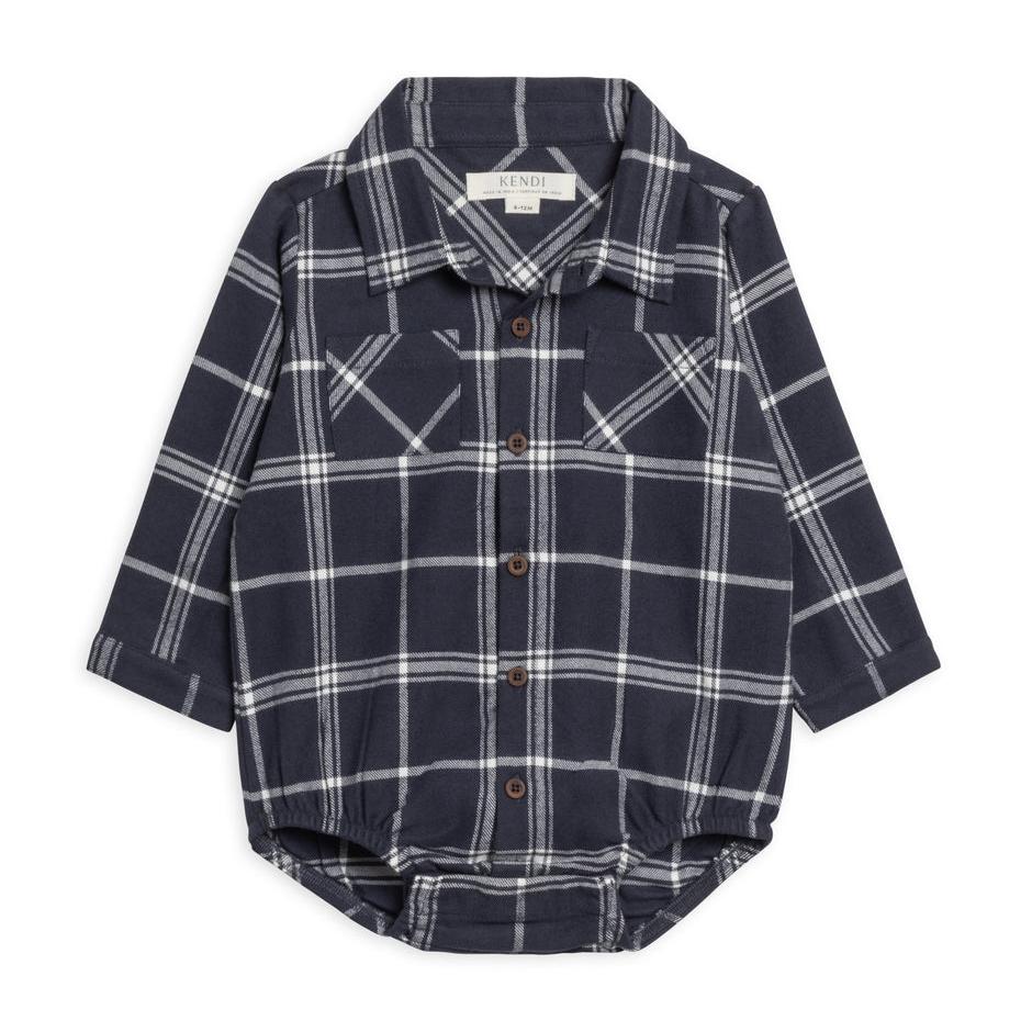 Carson Flannel Collared Button Down Bodysuit || Navy Plaid