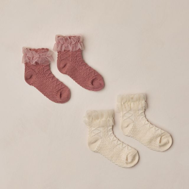 Ruffle Socks || Ivory, Raspberry