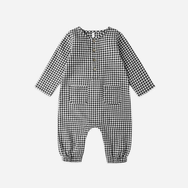 Long Sleeve Woven Jumpsuit || Black Gingham